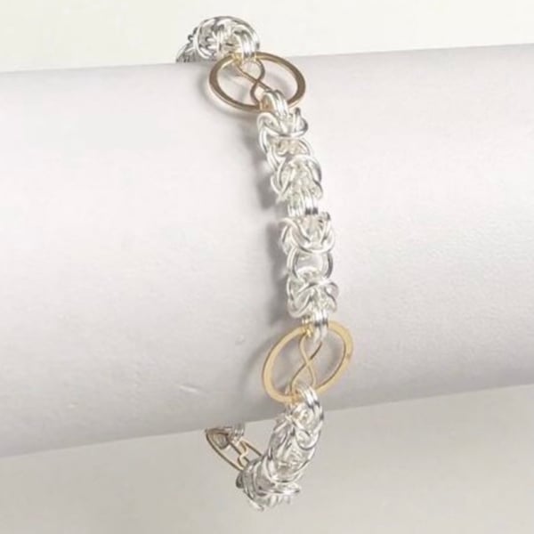 Sterling Silver Chainmaille Bracelet with 24k Gold Vermeil Infinity Symbols 