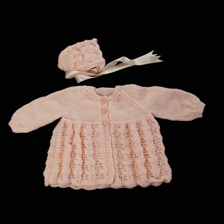 Hand knitted baby cardigan and bonnet set 6 - 12 months - knitted baby clothes 