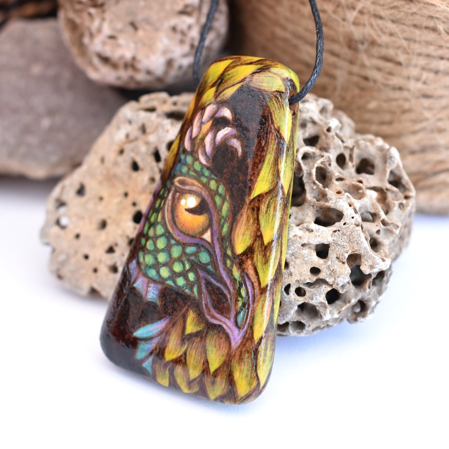 Pyrography sea dragon. Green and yellow long wooden pendant, wood gift.