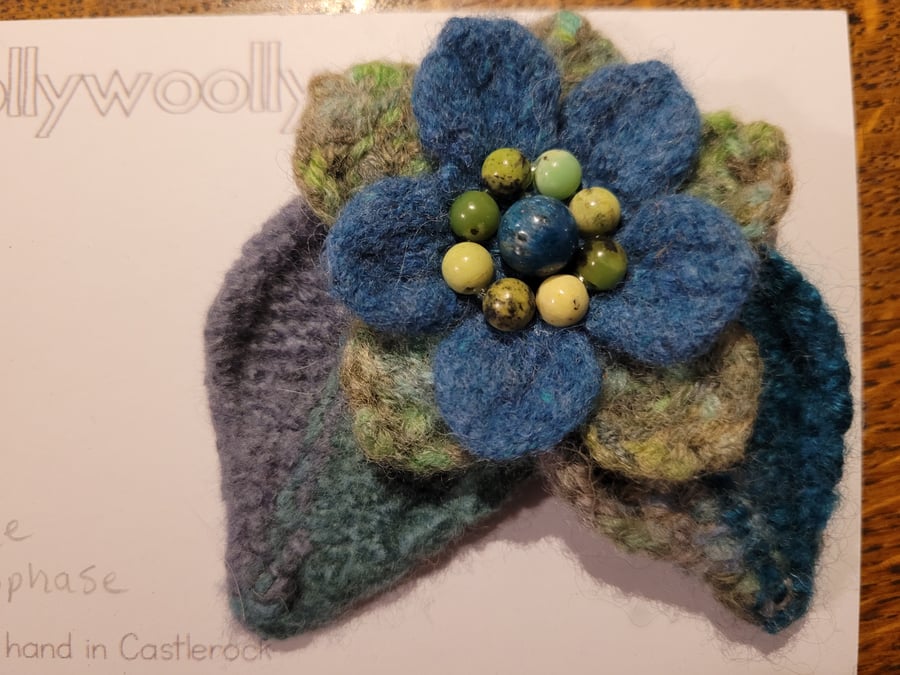 Knit felt Flower Brooch embellished with Apatite and Chrysophase