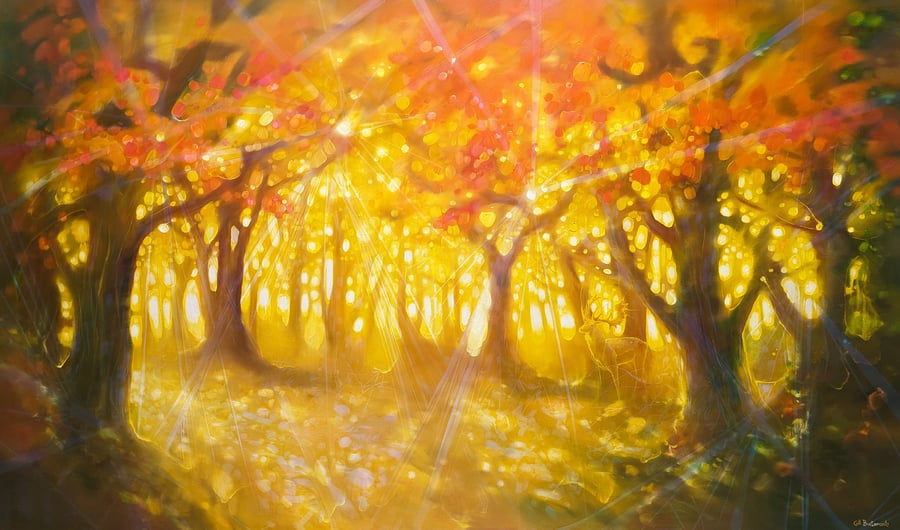 Natures Cathedral, a large semi-abstract autumn path landscape with stag