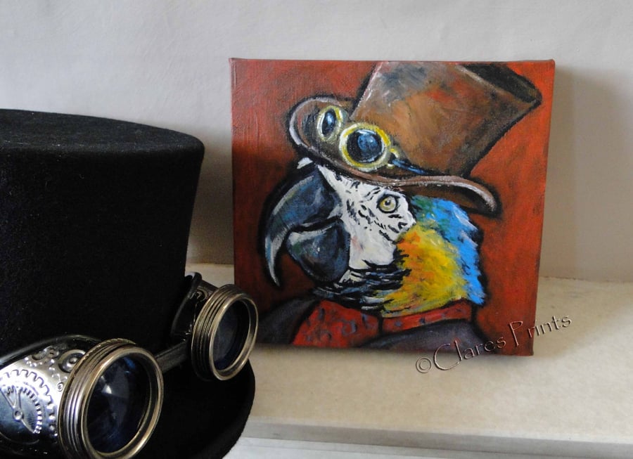 Steampunk Parrot Original Art Acrylic Painting on Canvas OOAK Retro Steampunk