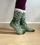 Hand knitted White and Green Wool Socks Flowers Floral Scandinavian Fair isle - Image 3
