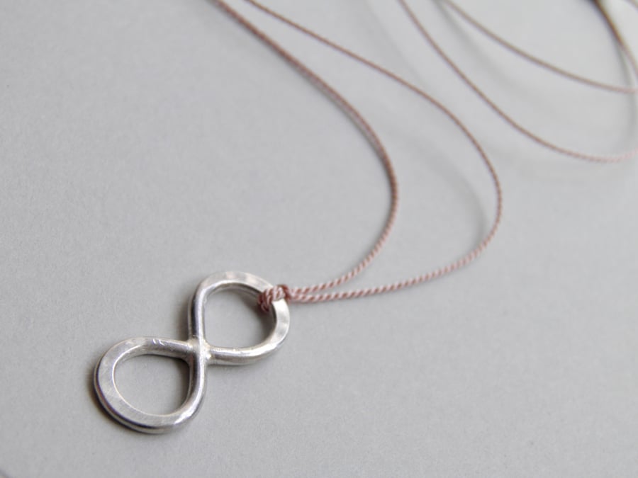 Sterling Silver Infinity Pendant Minimal Necklace on Silk Thread 