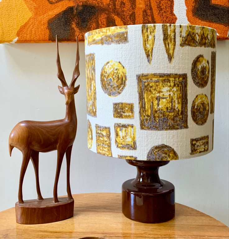 Yellow Rectangles Circles 50s 60s Barkcloth vintage fabric Lampshade option