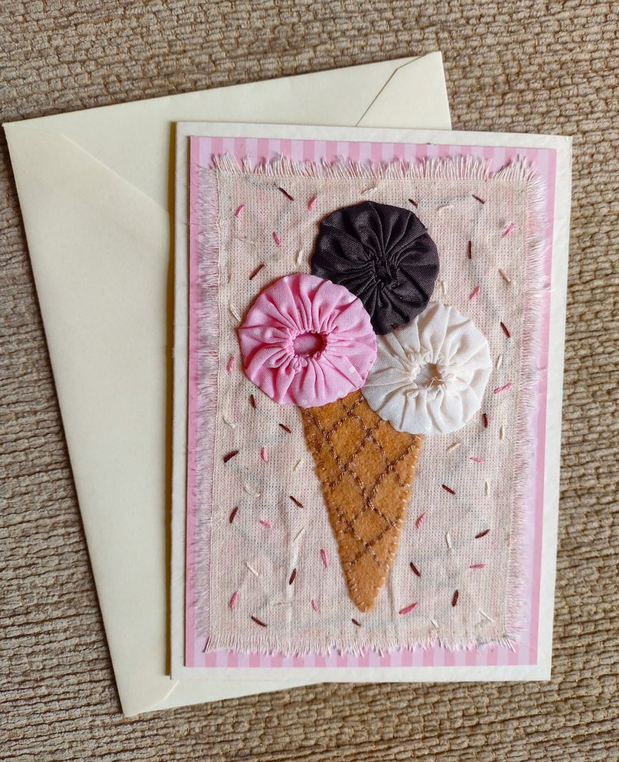 Textile Ice Cream Cone Card - Neapolitan - Hand-Stitched Card - Blank Card 