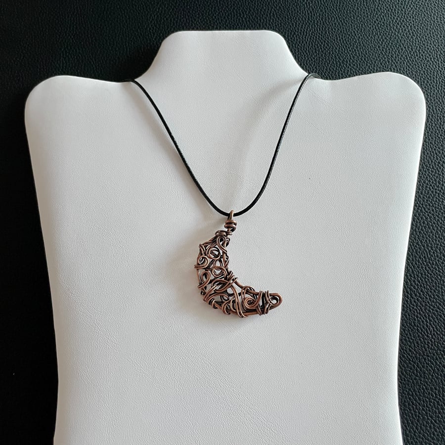 Patinated Copper Crescent Moon Pendant