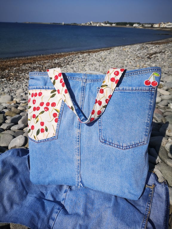 Upcycled Denim Cherry Tote Bag – Handmade Recycled Jeans tote with cherry lining