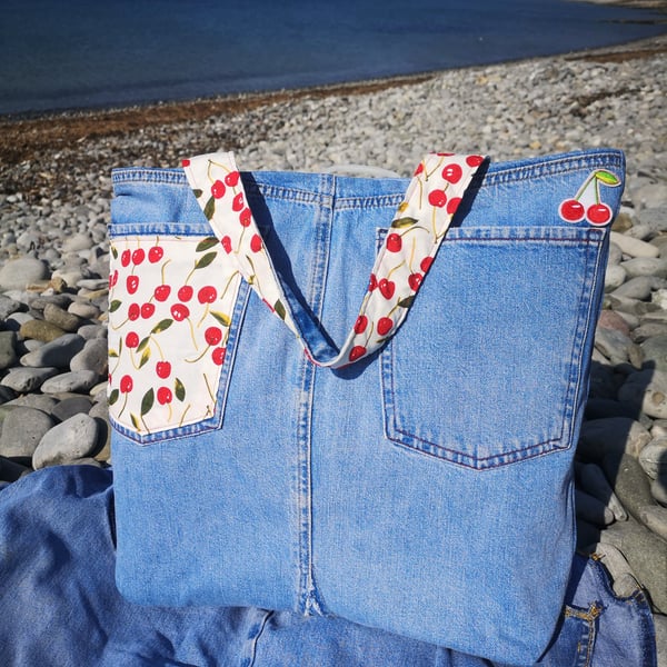 Upcycled Denim Cherry Tote Bag – Handmade Recycled Jeans tote with cherry lining