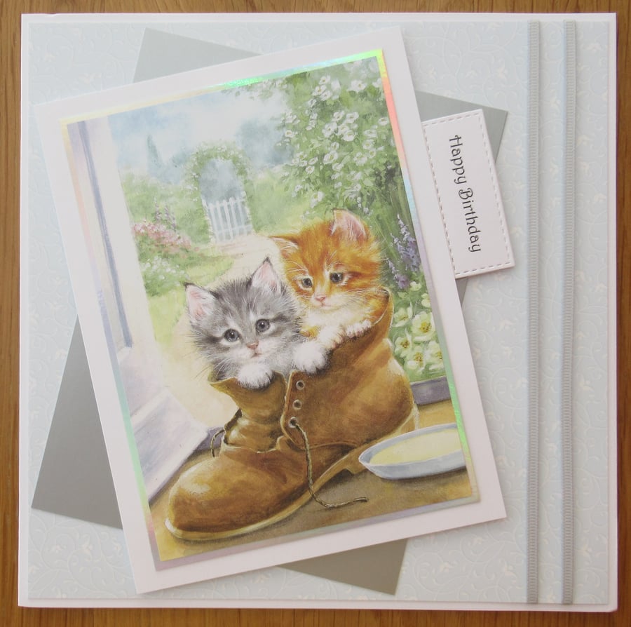 Kittens In a Boot - 8x8" Birthday Card