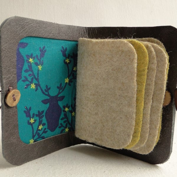 Needle Case in Brown Leather - Stag, Deer Fabric Interior - Needle Book