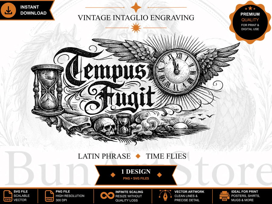 Vintage Intaglio Engraving, Tempus Fugit Latin Quote (Digital Download)