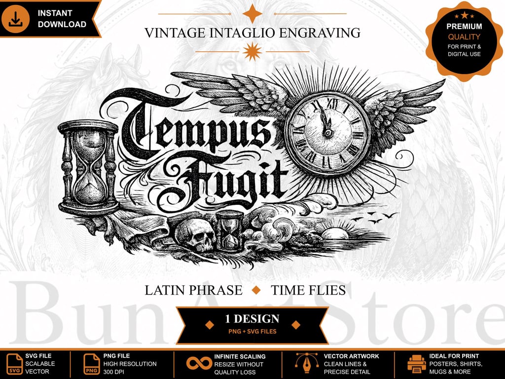Vintage Intaglio Engraving, Tempus Fugit Latin Quote (Digital Download)