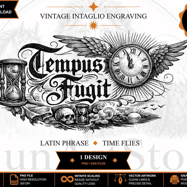 Vintage Intaglio Engraving, Tempus Fugit Latin Quote (Digital Download)