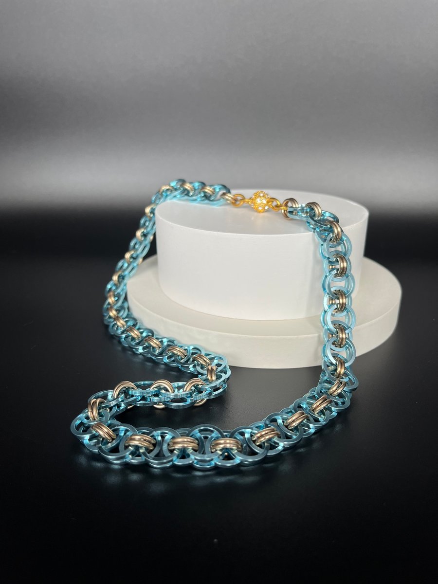 Sky blue and antique gold chainmaille necklace