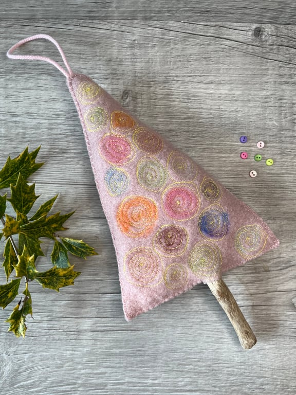 Dyed Wool Felt and Driftwood Hanging Christmas Tree Decoration