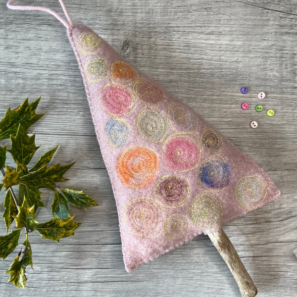 Dyed Wool Felt and Driftwood Hanging Christmas Tree Decoration