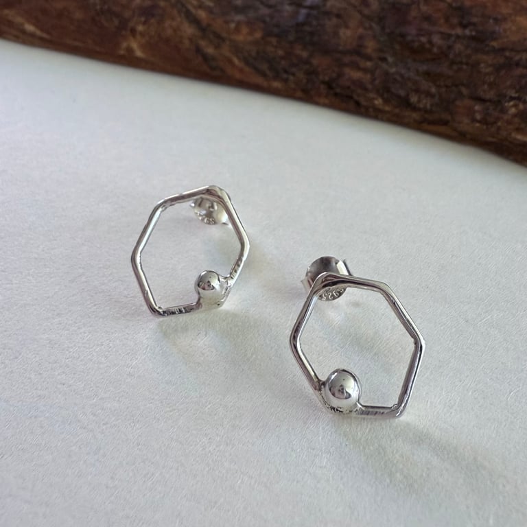 Geometric Hexagon Silver Earrings
