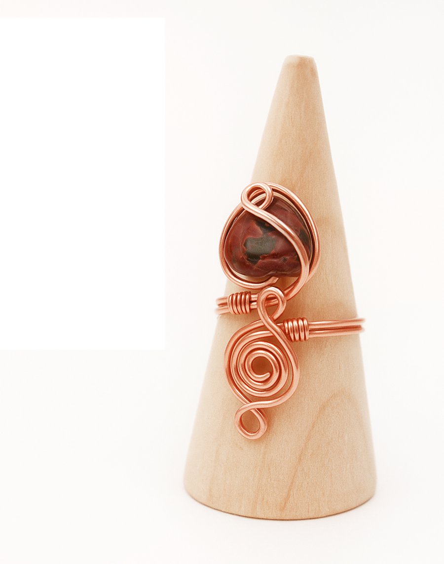 Unique Handmade Copper Wire Wrapped Jasper Ring Boho Gemstone Jewelry