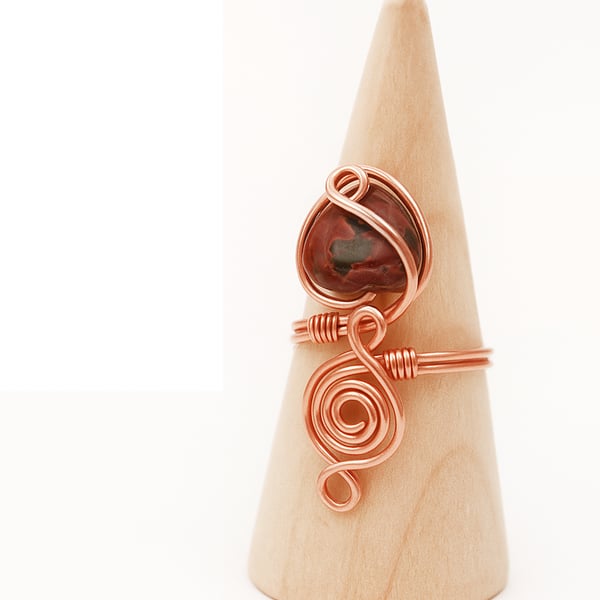 Unique Handmade Copper Wire Wrapped Jasper Ring Boho Gemstone Jewelry