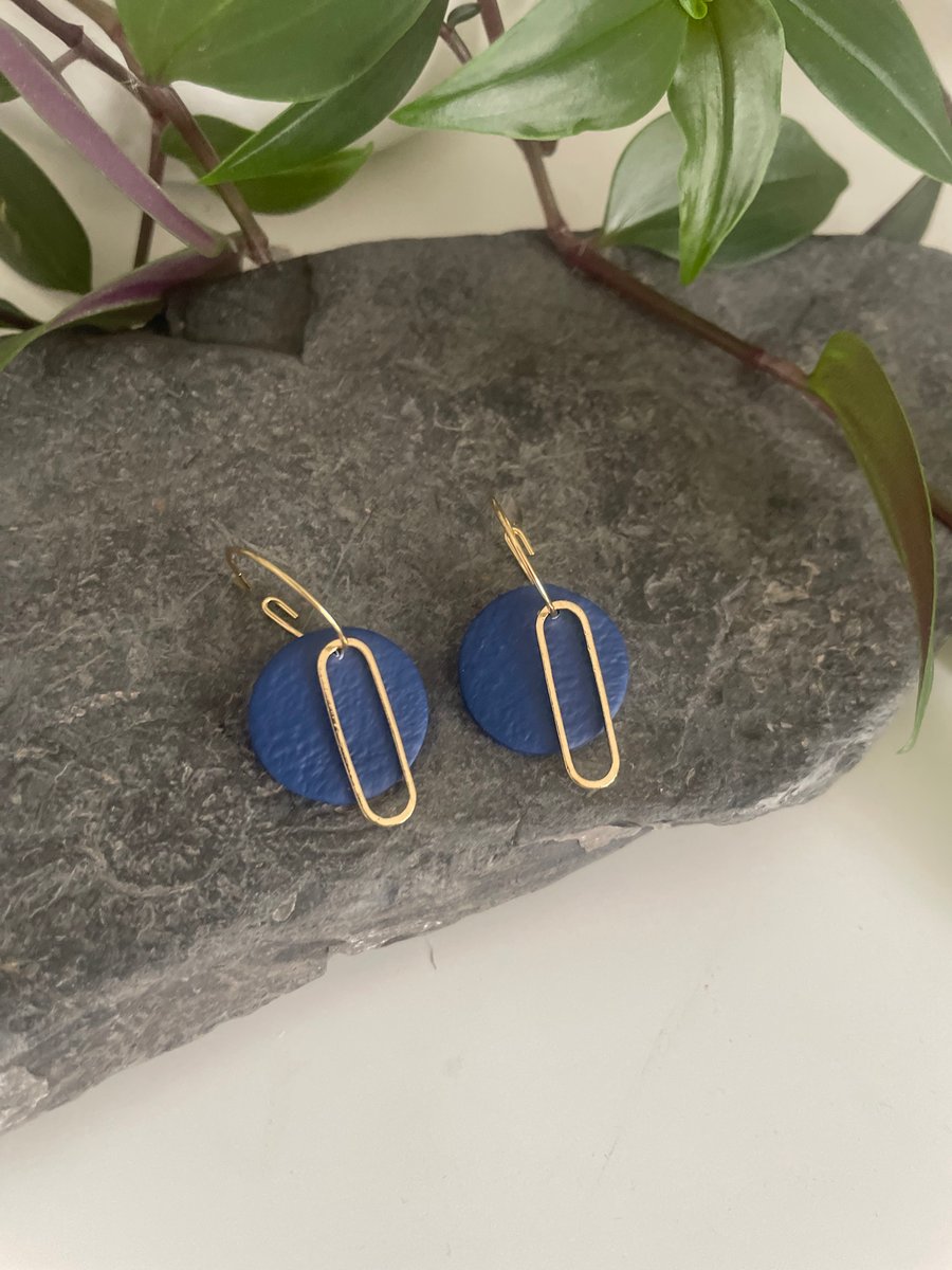 Navy blue and brass polymer clay earrings 