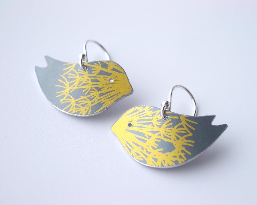 Bird earrings in grey with gold dandelion clock print