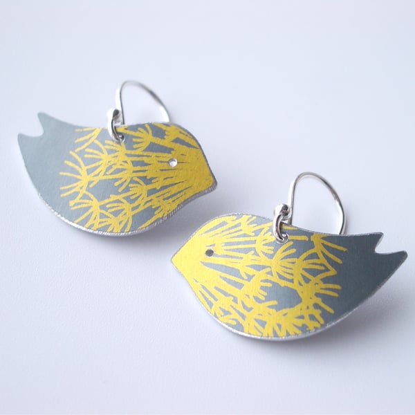 Bird earrings in grey with gold dandelion clock print