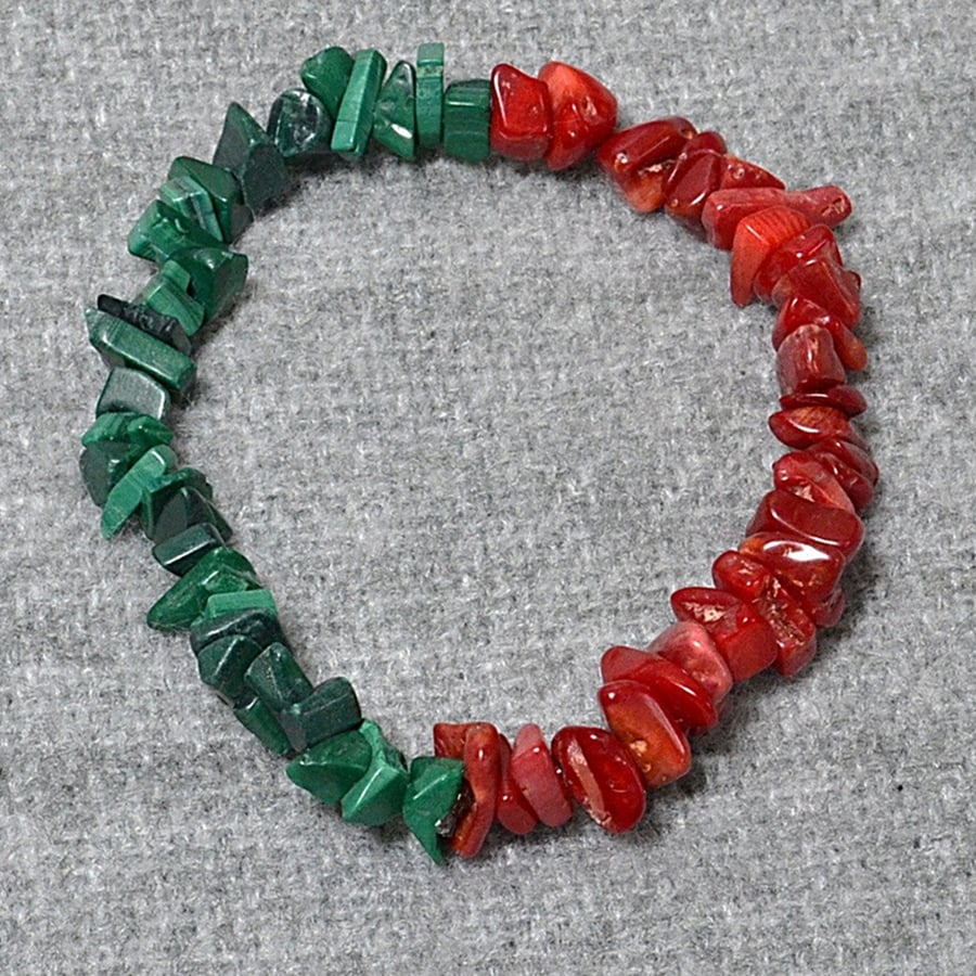 Malachite Chip and Red Bamboo Coral Chip Elastic Half and Half Bracelet