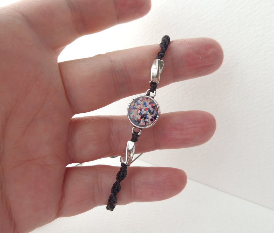 Mini Confetti Tibetan Silver Bracelet, Black Macramé Cord Adjustable.