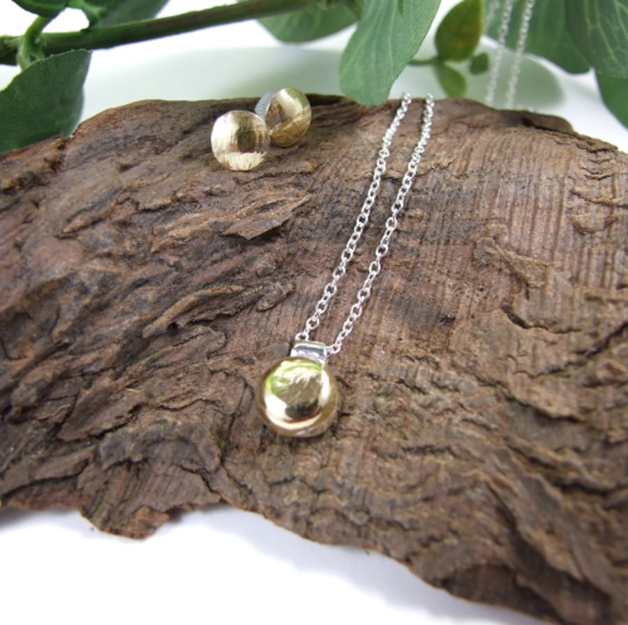 Round Pendant and Earring Set, Sterling Silver and Brass