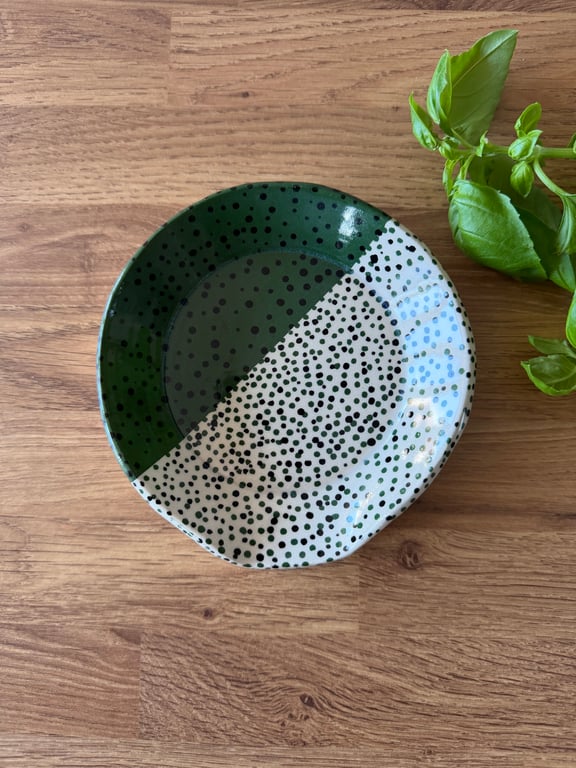 Handmade Ceramic Spoon Rest – Green & Black Dots