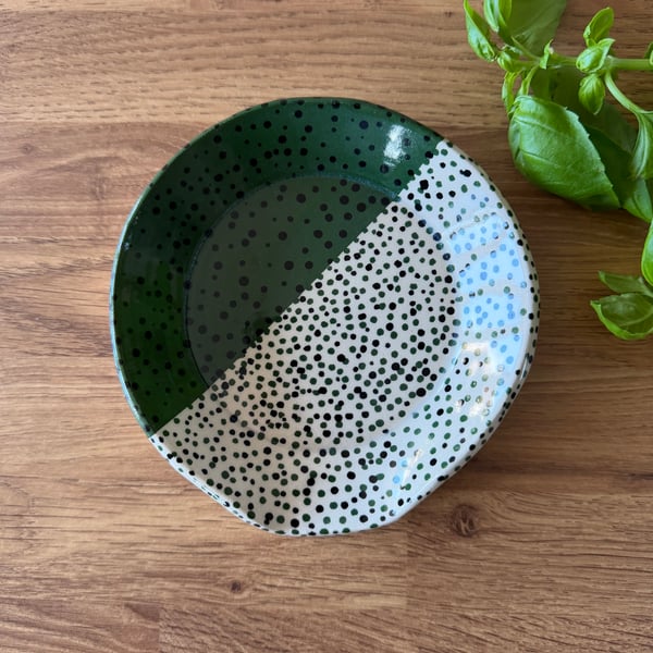 Handmade Ceramic Spoon Rest – Green & Black Dots