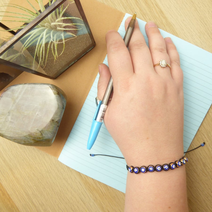 Macrame Evil Eye Adjustable Bracelet, Ten Small Enamel Beads Slider Bracelet