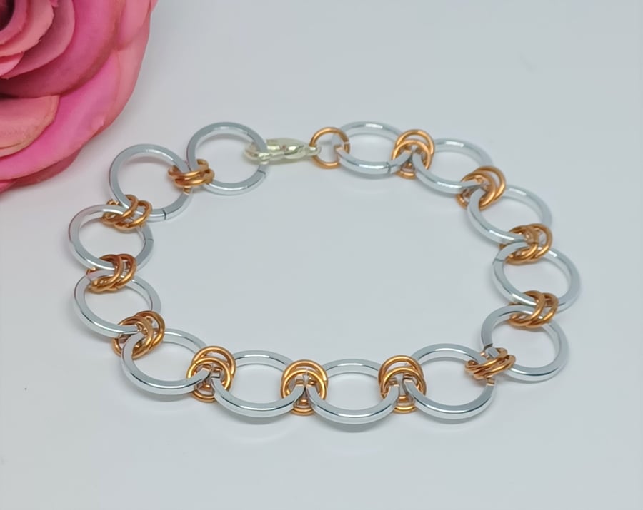 Silver and Copper Colour Anodized Aluminium Square Wire Chainmaille Bracelet