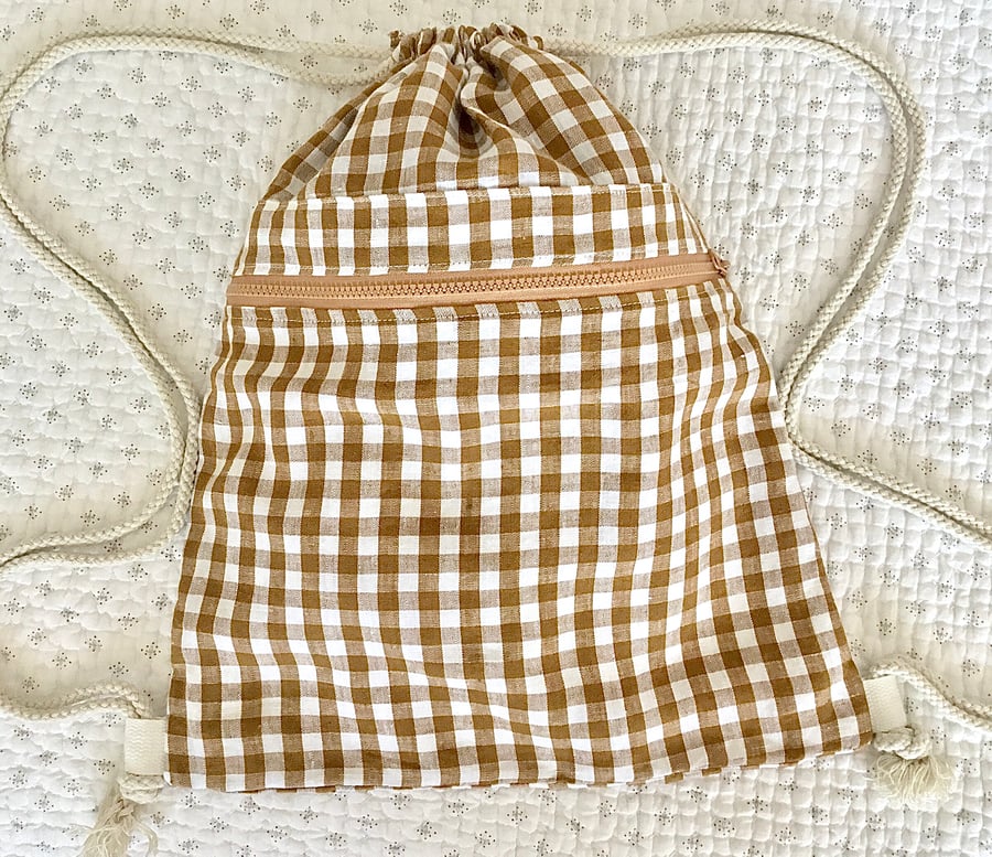 100% Linen Gingham Drawstring Bag