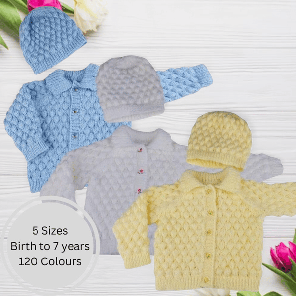 Child's Cardigan and Hat Set, Hand Knitted Baby Outfit, Boys Girls, Birth to 7 