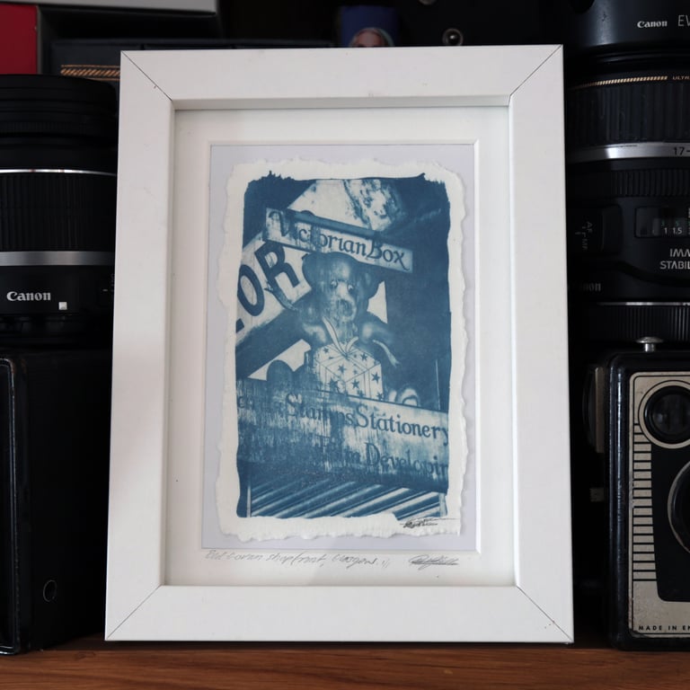 Cyanotype Detail of Old Govan Shopfront Glasgow in 6 x 8inch White Frame
