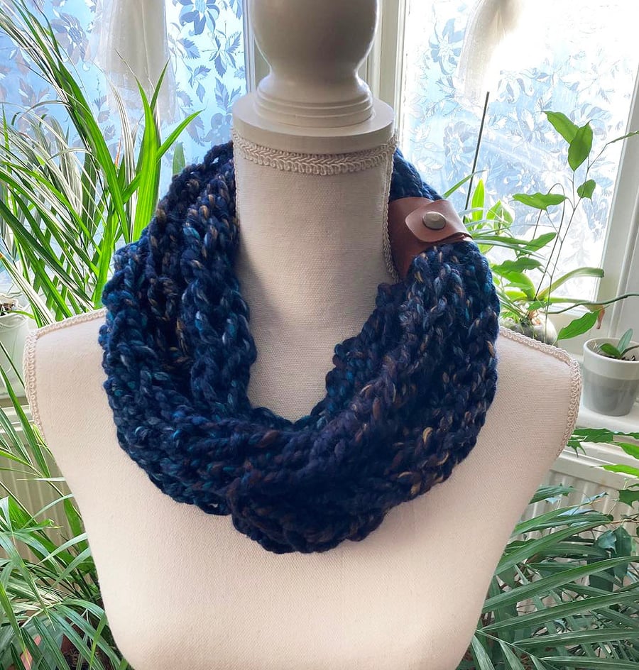 Crochet blue mesh cord shawl hand knit scarf with faux leather strap
