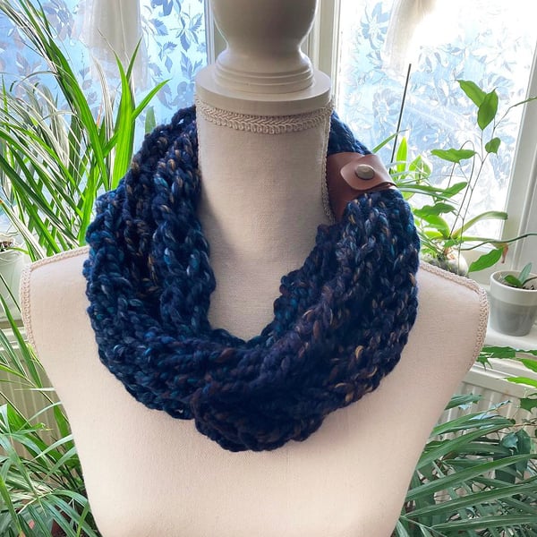 Crochet blue mesh cord shawl hand knit scarf with faux leather strap