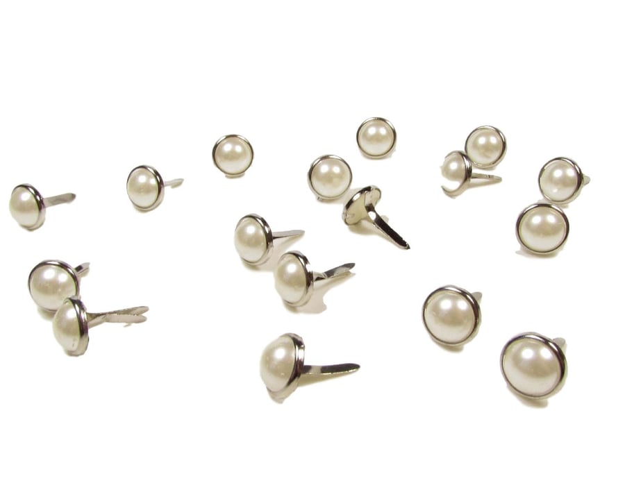 100 Round PEARL 10mm Brads For Crafts & Scrapbooking Light Ivory With Silver Sur