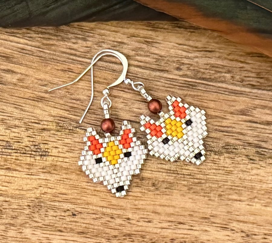Geometric beadwork orange fox earrings