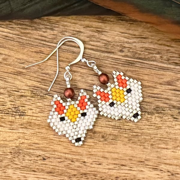 Geometric beadwork orange fox earrings