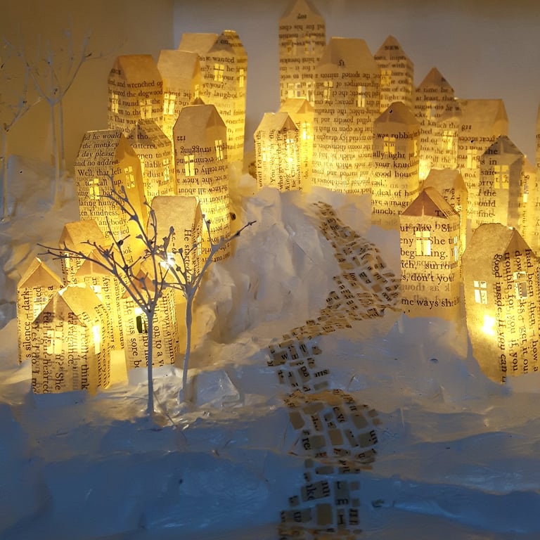 Light Up Paper City, Handmade Book Sculpture Lamp, Whimsical Bookshelf Diorama