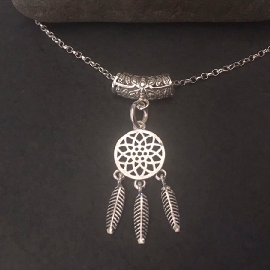 Sterling Silver Dreamcatcher Charm Pendant Necklace