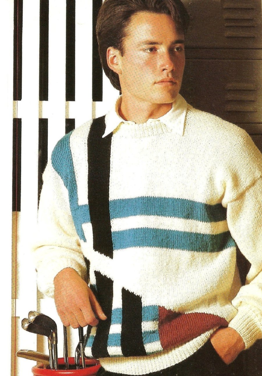 VINTAGE KNITTING PATTERN Mans Colour Block Sweater