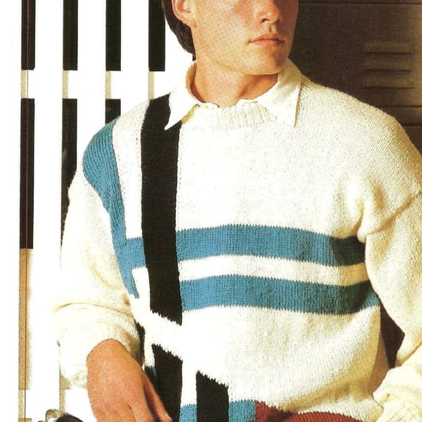VINTAGE KNITTING PATTERN Mans Colour Block Sweater