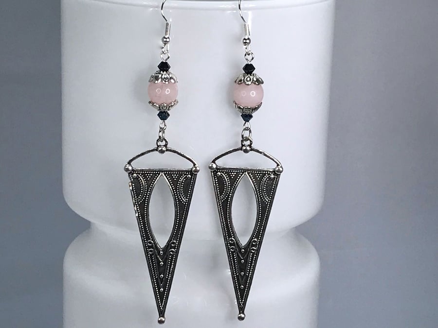 ART DECO EARRINGS Swarovski crystal rose quartz silver plate