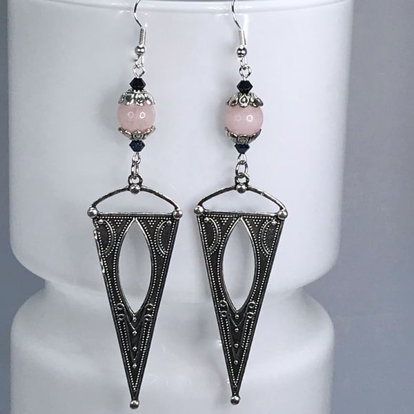 ART DECO EARRINGS Swarovski crystal rose quartz silver plate