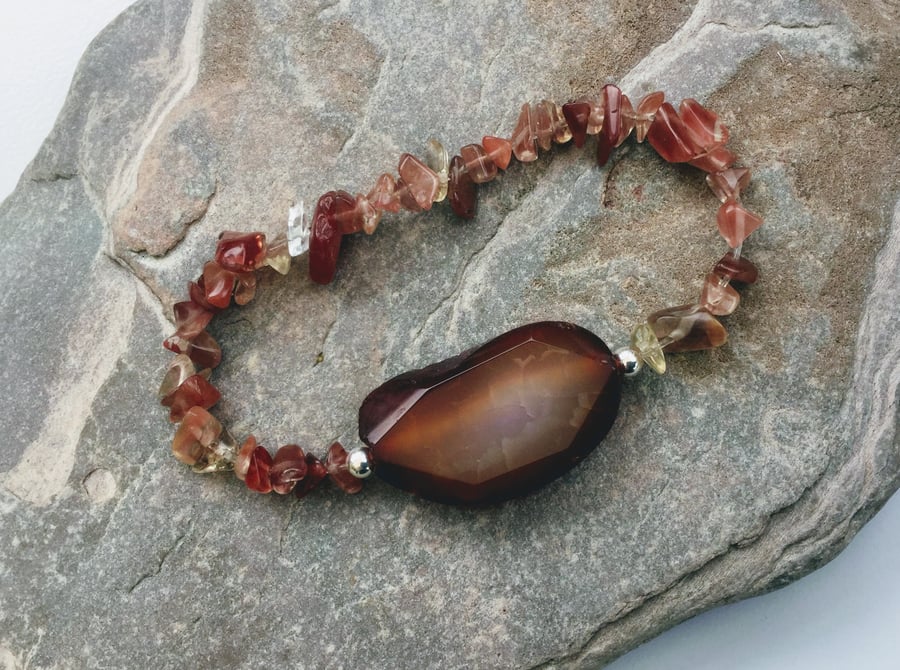 Gemstone Stretch Bracelet with Sunstone, Agate and Sterling Silver