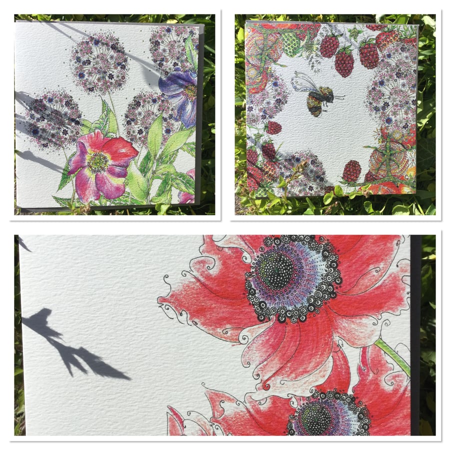 Set of 3 garden flowers Greeting cards 